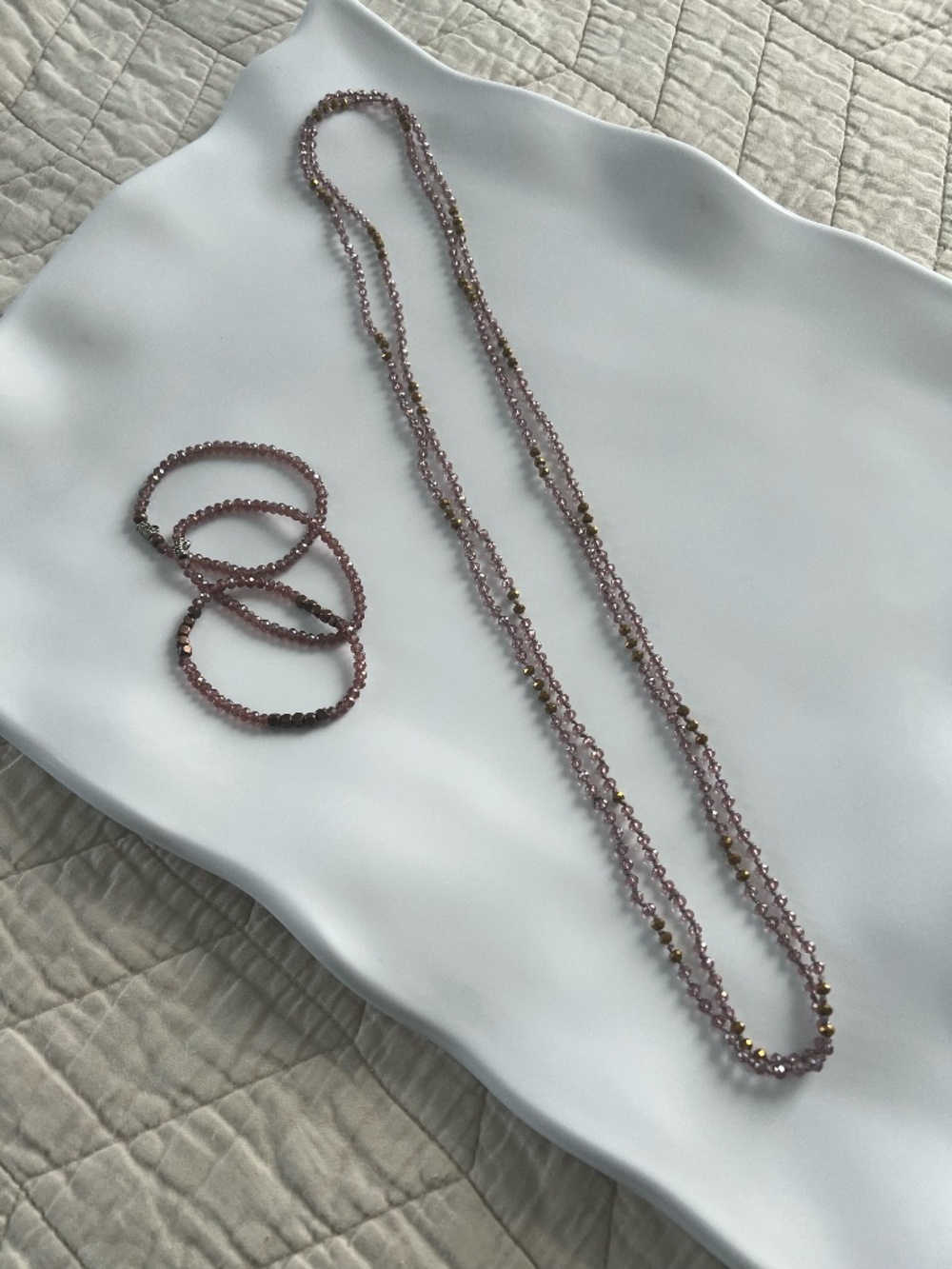Purple bead LONG necklace & 3 bracelets, matching set!